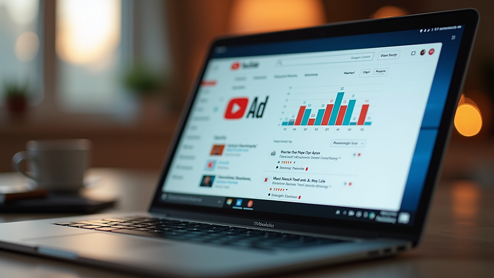 Close-up view of a laptop screen showing YouTube ads dashboard