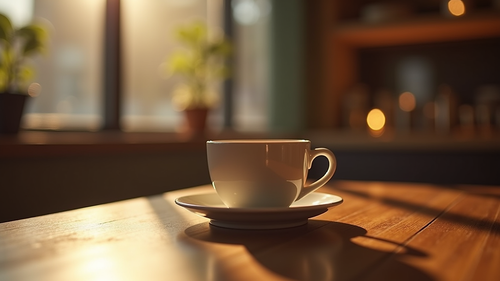 close-up view of a coffee cup on a wooden table with warm lighting