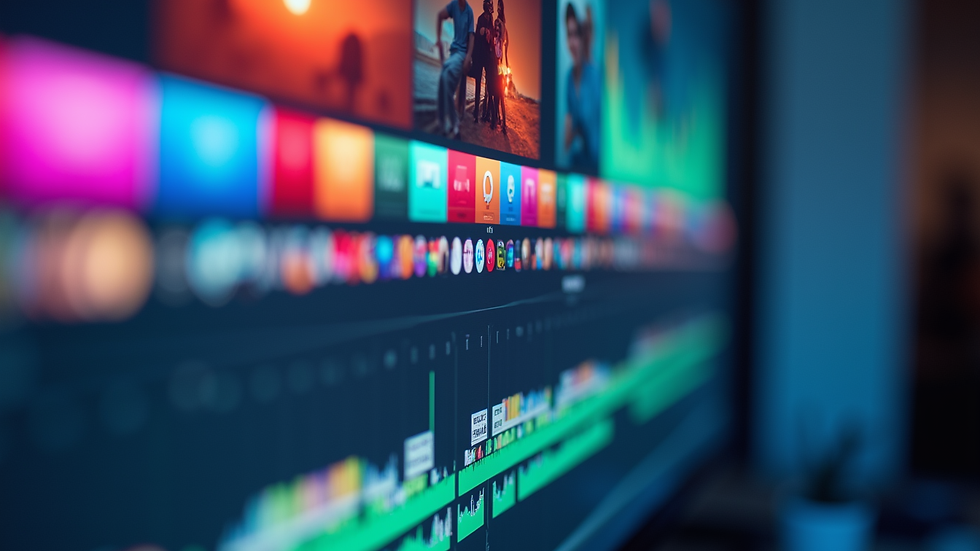 Close-up view of a vibrant video editing screen showing colorful clips