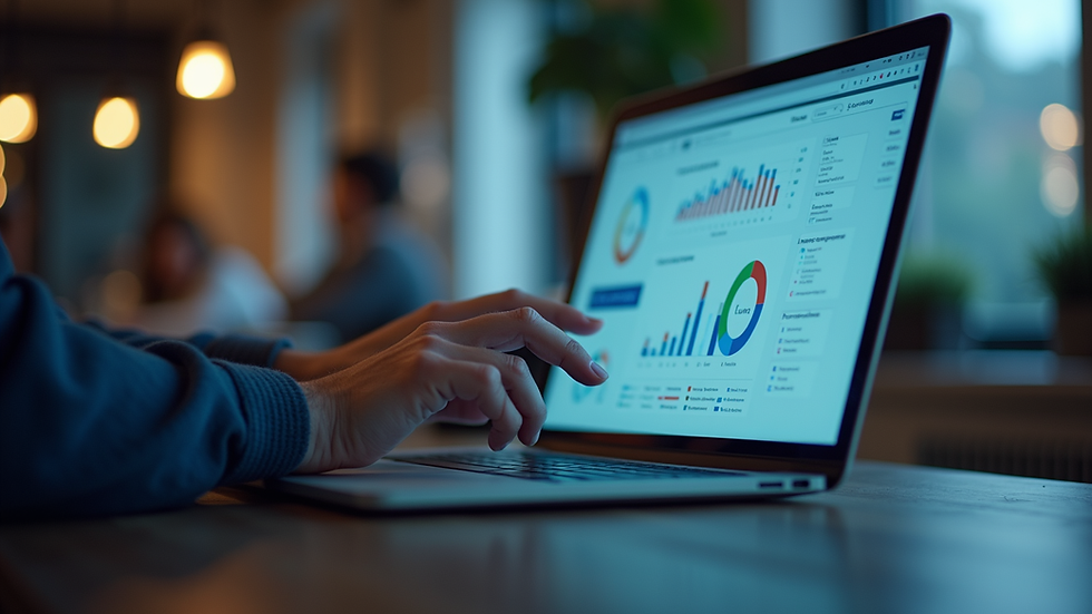 eye-level view of a digital marketer analyzing audience data on a laptop