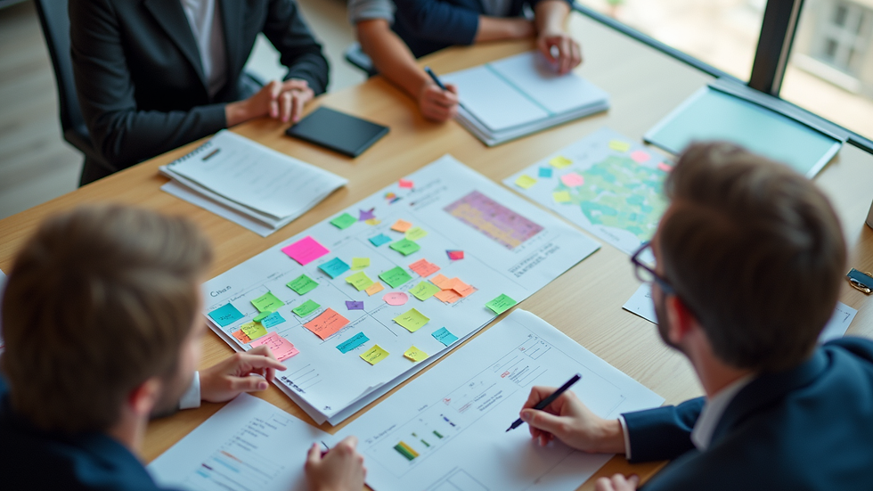High angle view of a brainstorming session with colorful charts and notes