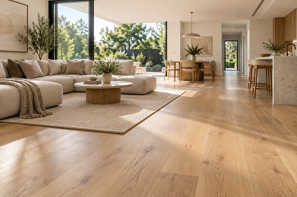 Residential timber floorboards in a modern Melbourne home with open-plan living area