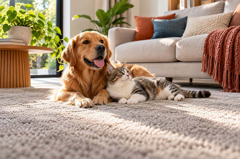 Dog and cat relaxing on pet-friendly carpet in a modern Melbourne home
