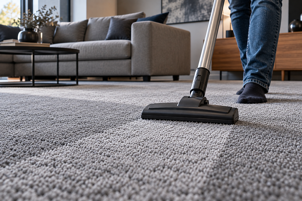 Vacuuming grey carpet in a modern Melbourne home for regular carpet care and maintenance
