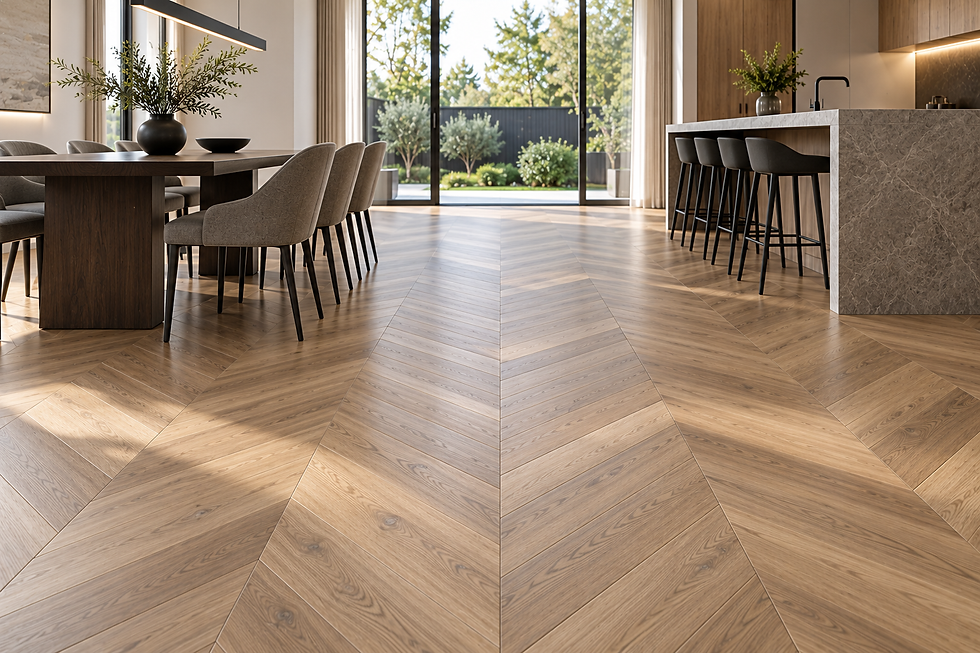 Chevron flooring in a modern Melbourne open-plan home