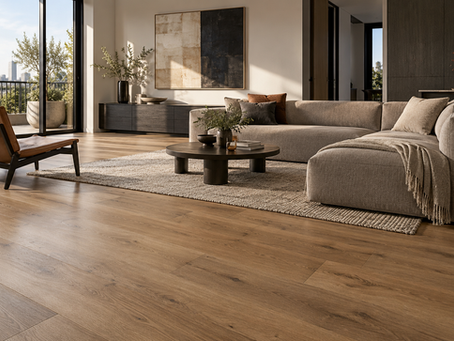 Warm oak-look hybrid flooring across a bright Melbourne-style living room