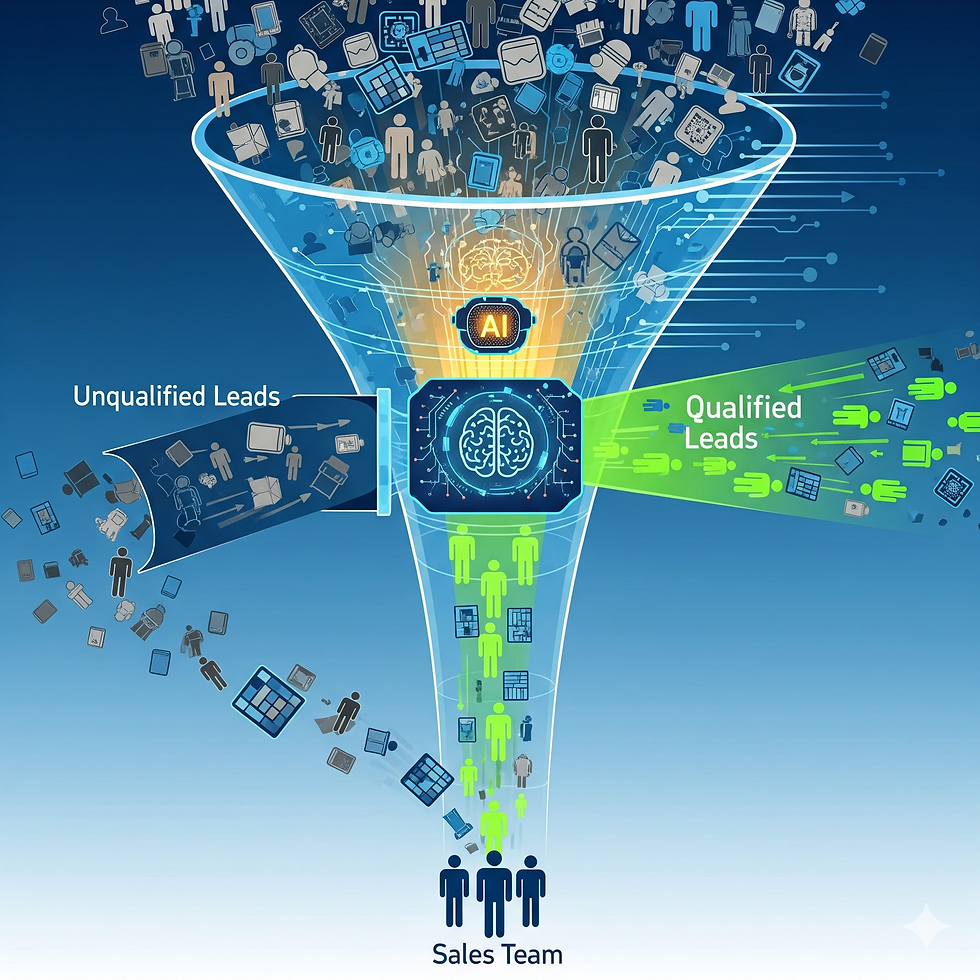 A imagem mostra um funil de leads, diferenciando leads qualificados de leads não-qualificados