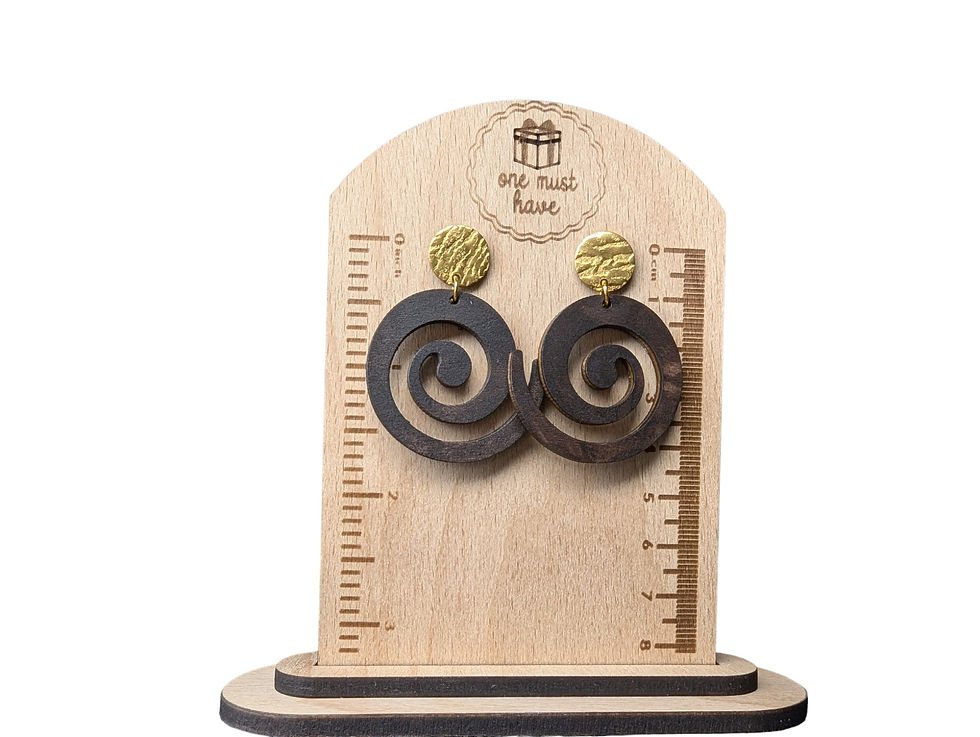 Wooden  Handcrafted  Boho Chic Spiral dangle earrings with golden studs front view