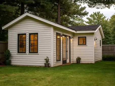 White ADU cottage with lit windows and black trim on a green lawn