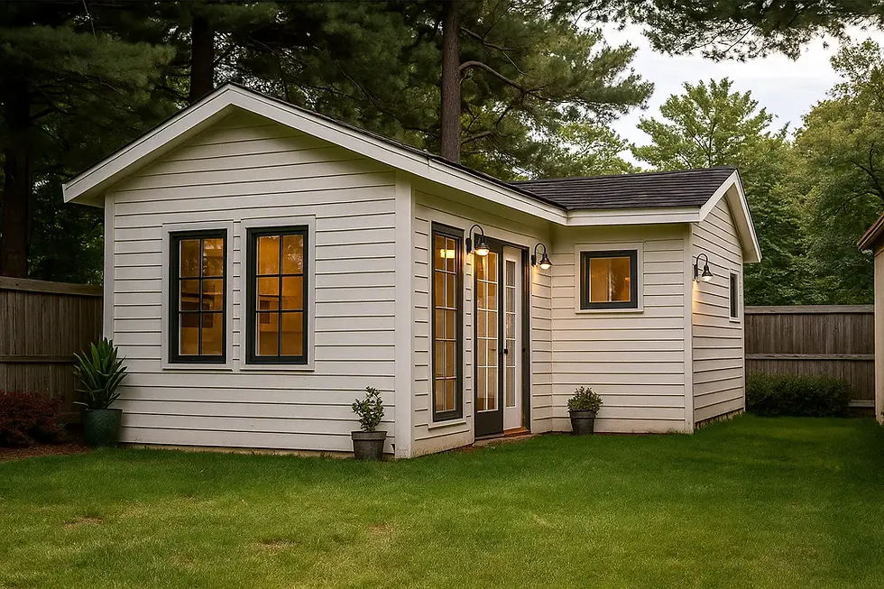 White ADU cottage with lit windows and black trim sits on a green lawn, surrounded by trees and a wooden fence. Evening setting with soft lights.