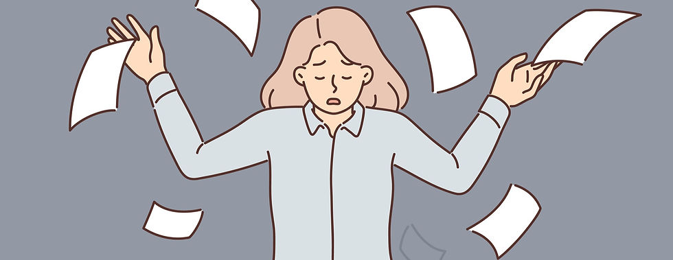 Woman looking stressed with papers in the air