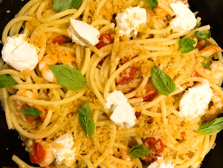 Garlic Shrimp Bucatini with Burrata 