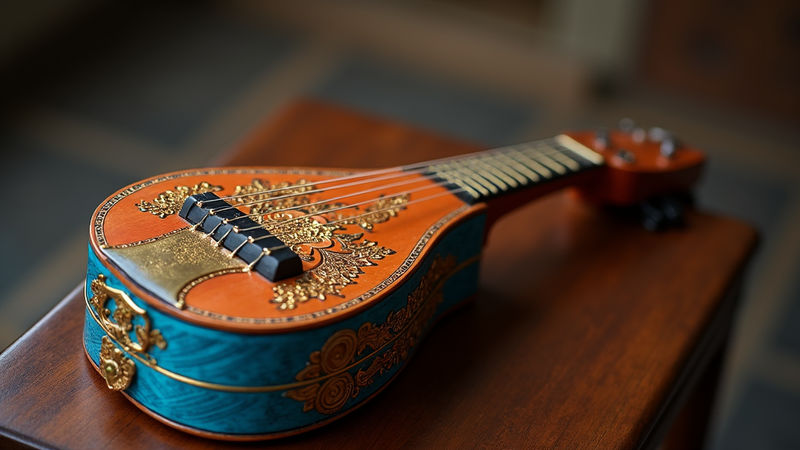 Traditional bouzouki on a wooden table.