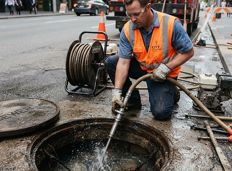 someone clearing a clog in a sewer line,