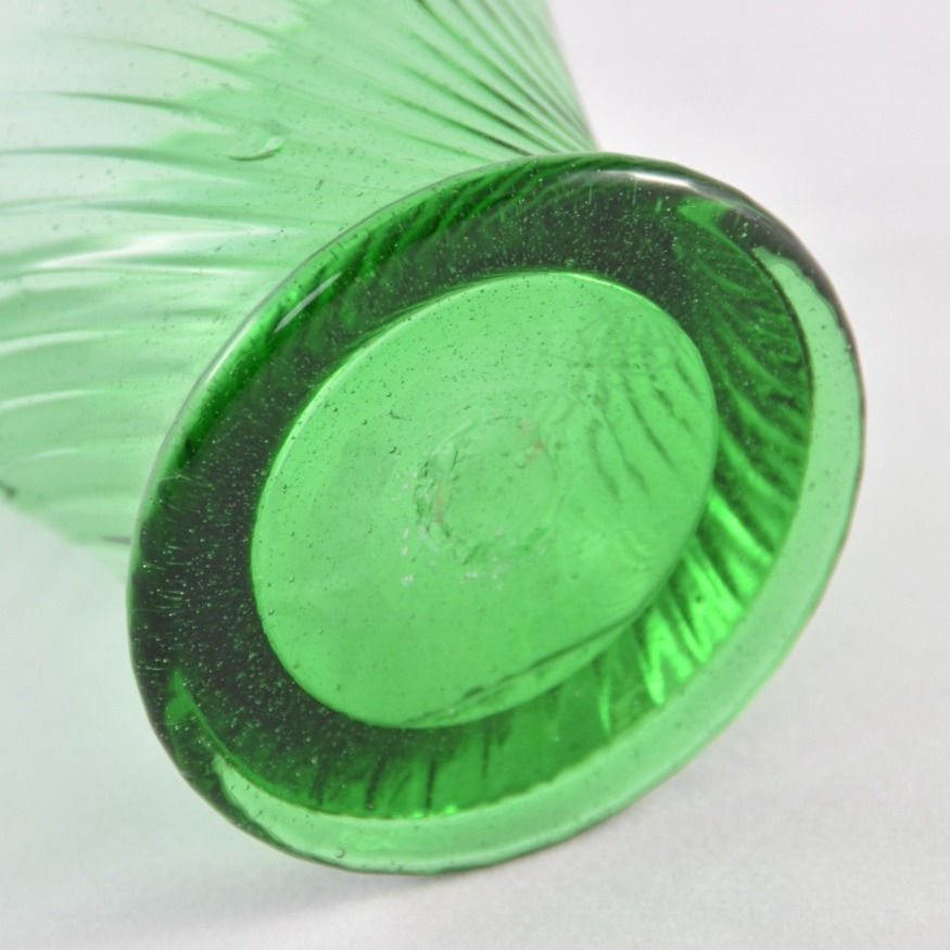 Thumbnail: green glass vase octagonal spiral thread mouth blown 1850 antique forest glass