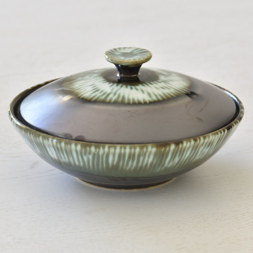 ceramic bowl with cover vintage midcentury modern design black and green abstract pattern