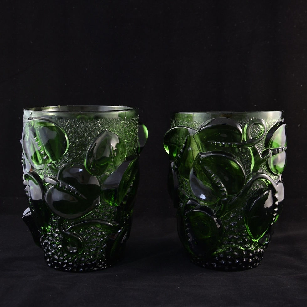 Vintage vases (2) pressed glass malachite green with leaves pattern in relief  '20-'50