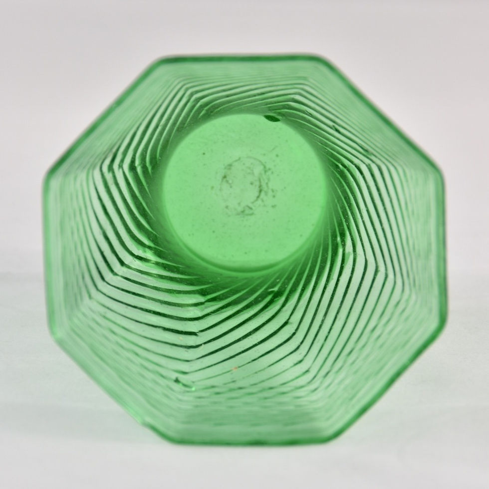 Thumbnail: green glass vase octagonal spiral thread mouth blown 1850 antique forest glass