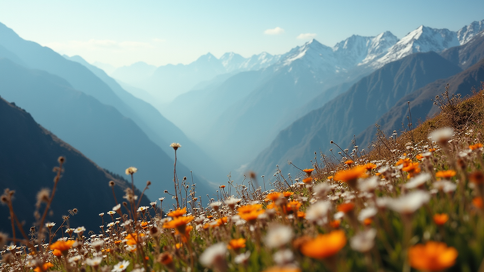 High angle view of Himalayan mountain landscape with wildflowers