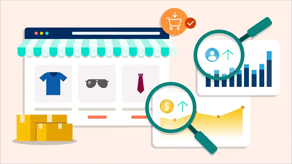 E-commerce website with shirt, sunglasses, tie images; magnifying glasses showing growth graphs; shopping cart icon, boxes below.