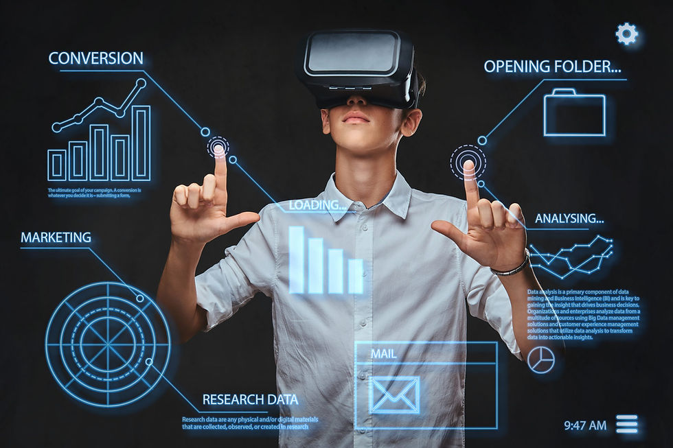 Person in VR headset interacts with virtual data graphics: charts, folders, and mail icons. Blue holographic text: Conversion, Loading.