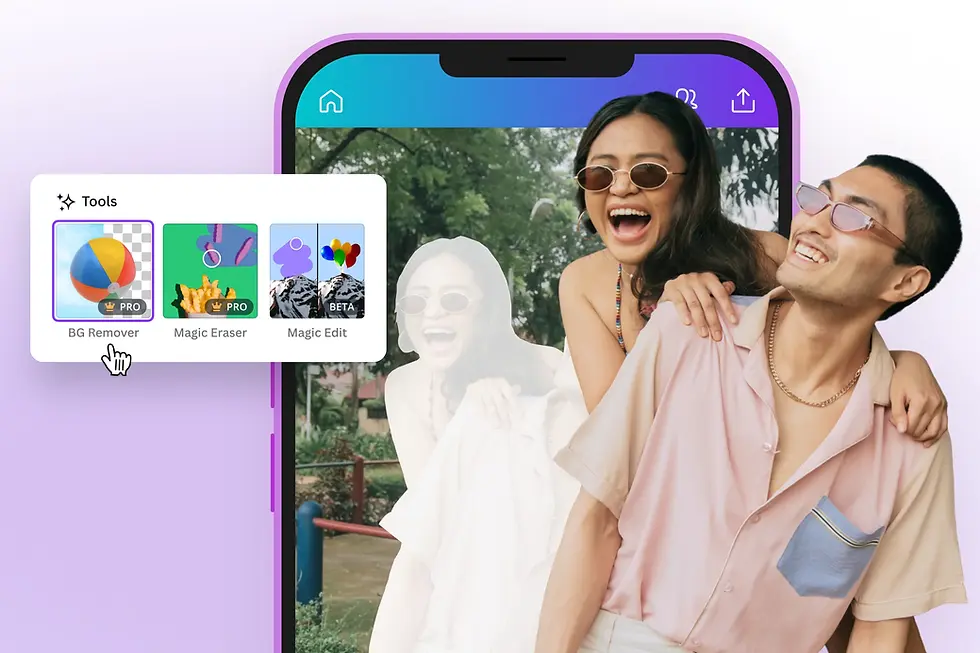 Two people laughing, with a tool selection overlay on a phone showing "BG Remover," "Magic Eraser," and "Magic Edit" on a purple background.