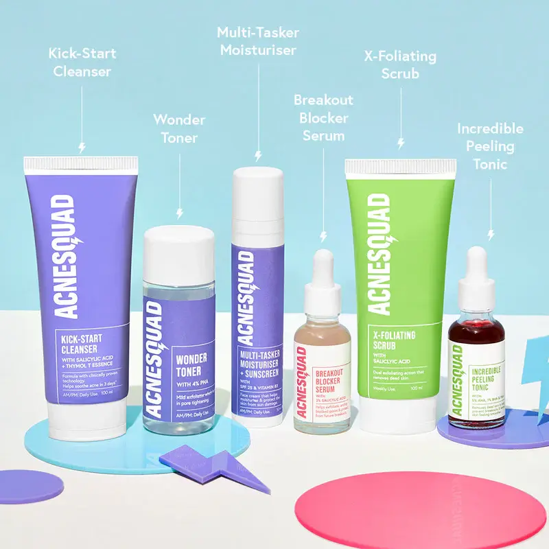 A collection of Acnesquad skincare products arranged neatly on a bathroom counter, including a cleanser, hydrating lotion, spot treatment, and exfoliating pads, each labeled with clear, bold text. The products are designed for acne-prone skin and are positioned in an aesthetically pleasing layout, showcasing their modern, minimalistic packaging.