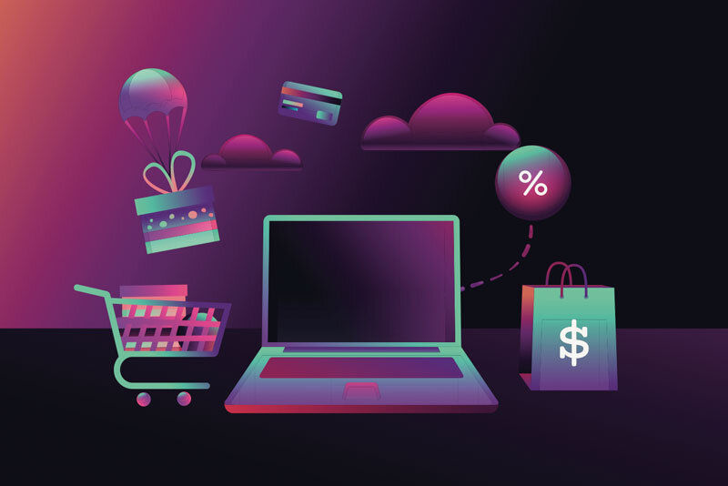 Laptop surrounded by shopping icons: cart, gift, credit cards, and bag with dollar sign. Neon colors on dark gradient background convey e-commerce theme.