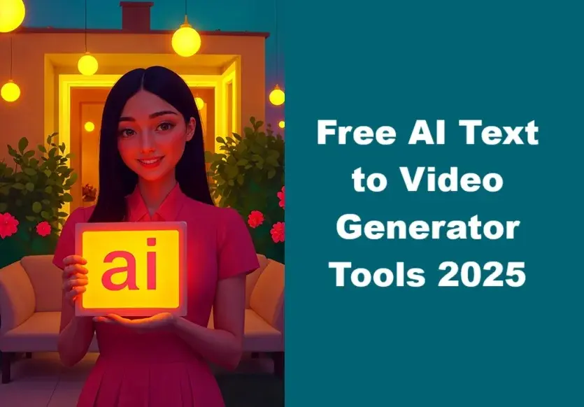 Woman in pink dress holds a glowing "ai" sign, smiling. Background has plants and warm lights. Text: "Free AI Text to Video Generator Tools 2025."