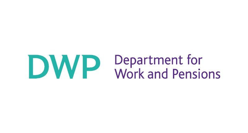 DWP logo with teal letters, next to purple text reading "Department for Work and Pensions" on a white background.