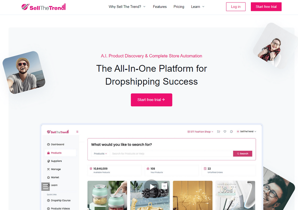 Website homepage for SellTheTrend, highlighting dropshipping automation. Includes text, "The All-In-One Platform for Dropshipping Success," and a bright design.