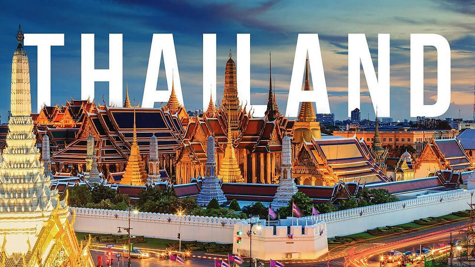 Thailand's Grand Palace at dusk, glowing gold and blue beneath a vibrant sky. Large "THAILAND" text overlays the scene.