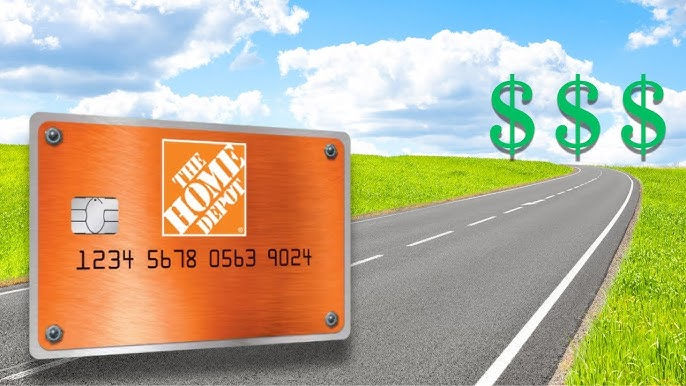 An orange Home Depot card with numbers is beside a road leading to three green dollar signs. The scene is under a blue sky with clouds.