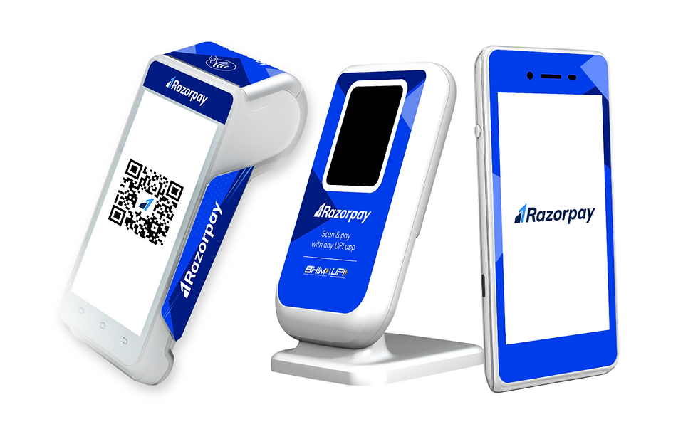 Three Razorpay devices with blue accents. One shows a QR code, another says "Scan & pay with any UPI app." Bright, modern design.