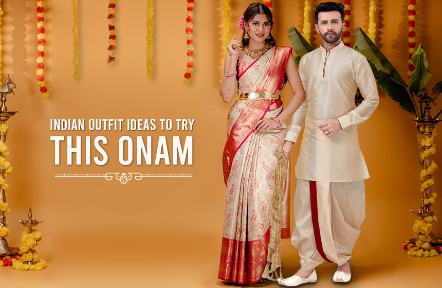 A woman in a red-bordered saree and a man in a cream kurta pose against a decorated backdrop with yellow flowers. Text: Indian Outfit Ideas This Onam.