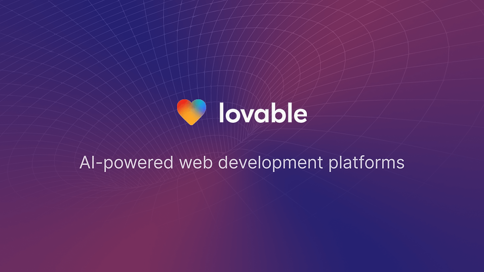 Gradient background with a heart icon next to "lovable." Text reads "AI-powered web development platforms." Modern, tech-themed design.