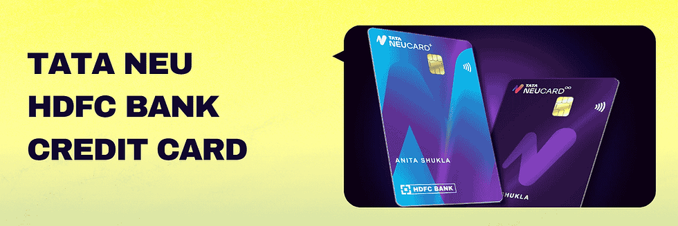 TATA Neu HDFC Bank credit card ad with purple and blue cards on a gradient yellow background. Text: TATA NEU HDFC BANK CREDIT CARD.