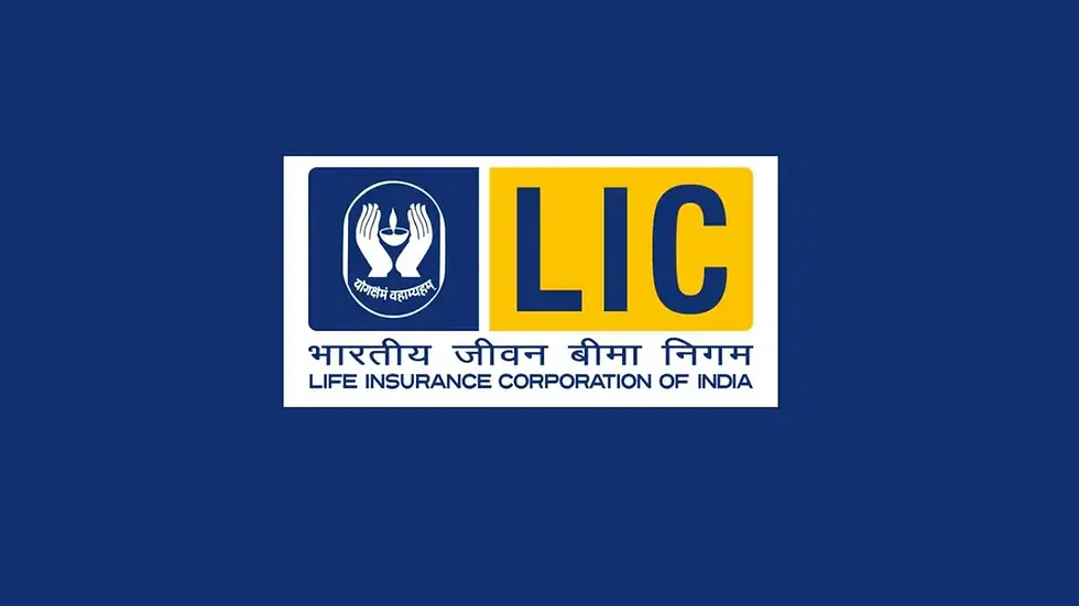 LIC logo on a blue background. Features hands holding a lamp, with text below: Life Insurance Corporation of India.