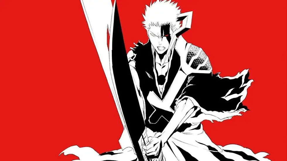 Black and white anime character holding a large sword on a red background, with dynamic lines and an intense expression. No visible text.