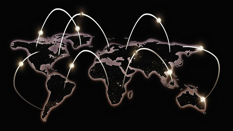 World map with glowing paths connecting continents, symbolizing global communication. Black background with illuminated city-like dots.