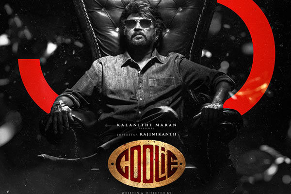 Man in sunglasses sits in a large chair, exuding a powerful presence. Background features a red arc. Text: "Kalanithi Maran" and "Coolie".