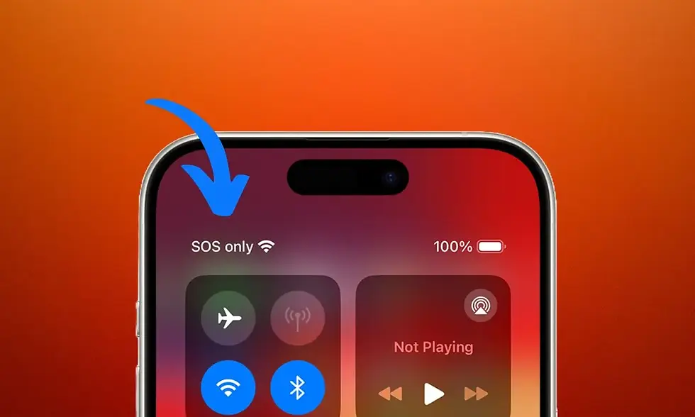 Smartphone display shows "SOS only" with Wi-Fi icon, 100% battery, control panel buttons, and blue arrow. Orange-red gradient background.