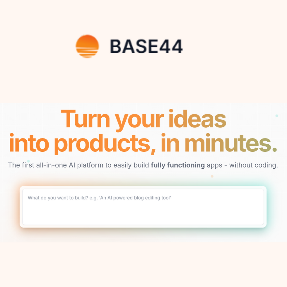 Text ad for BASE44 with a sunset logo. Promotes AI platform to turn ideas into products. Emphasizes ease and no coding. Bold, inviting design.