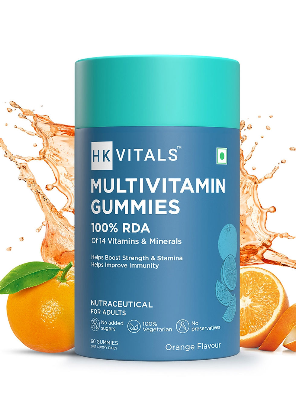 Blue HK Vitals multivitamin gummies bottle, orange flavor, with vitamin splash and oranges. Text highlights benefits and features.