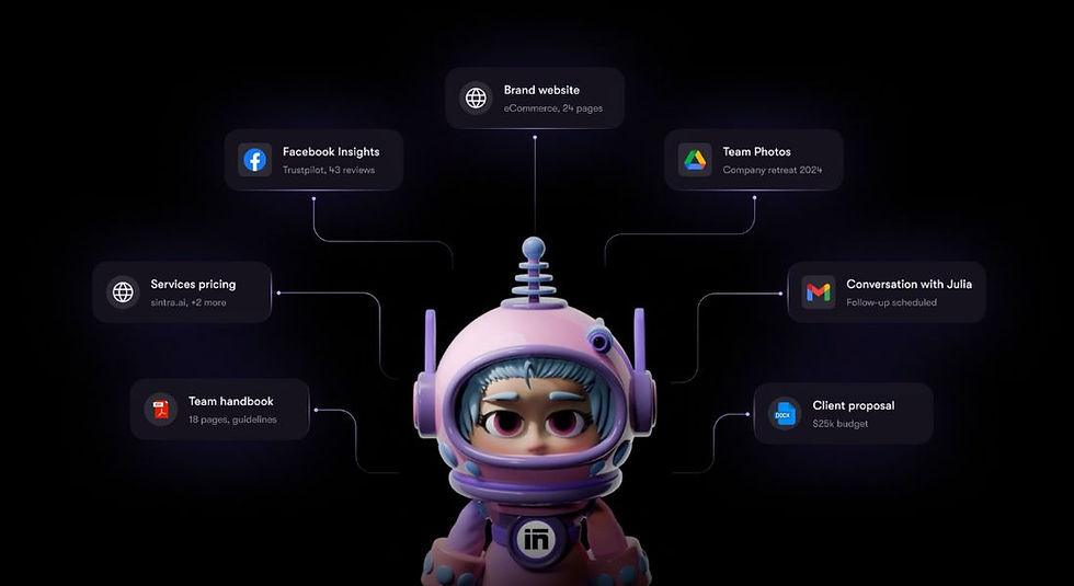 Cartoon astronaut in pink suit with a network of circular nodes labeled like "Brand website" and "Facebook Insights" on a black background.