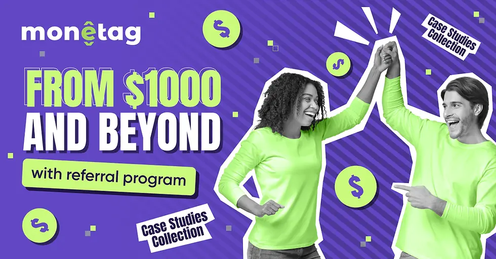 People high-fiving in neon green shirts on a purple background. Text: "From $1000 and Beyond with referral program." Icons with dollar signs.