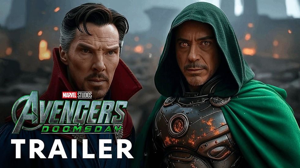 Two men in dramatic costumes stand in a smoky background. One wears red, the other green. Text: Avengers Doomsday Trailer.