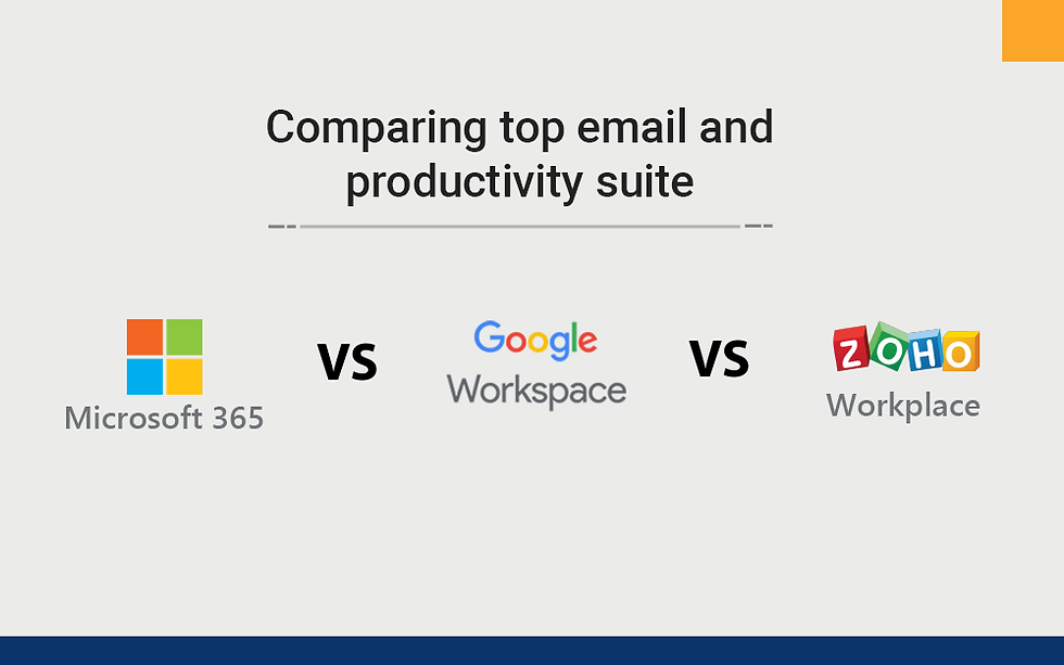 Comparison image of Microsoft 365, Google Workspace, and Zoho Workplace logos with text: Comparing top email and productivity suite.