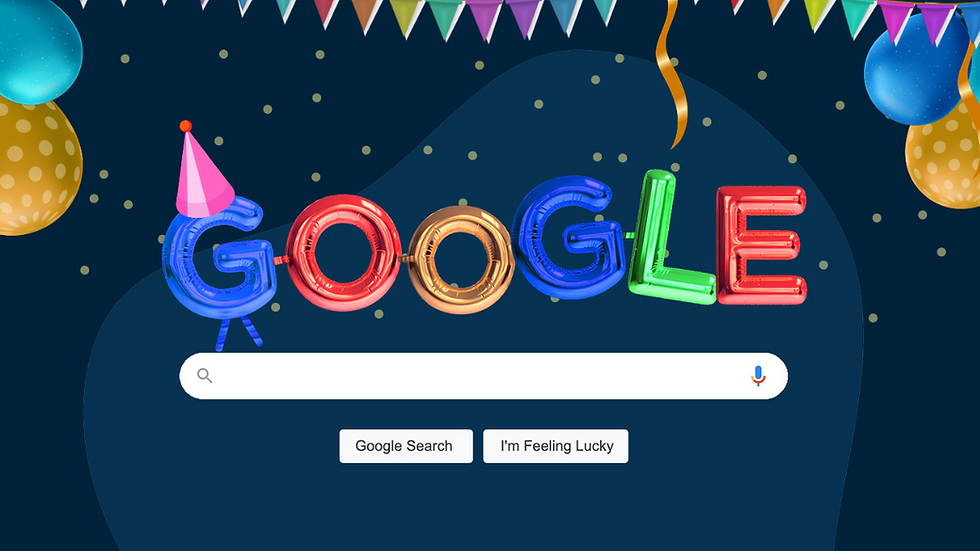 Google logo in colorful balloon letters with a party hat on "G," set against a festive backdrop with balloons and bunting.