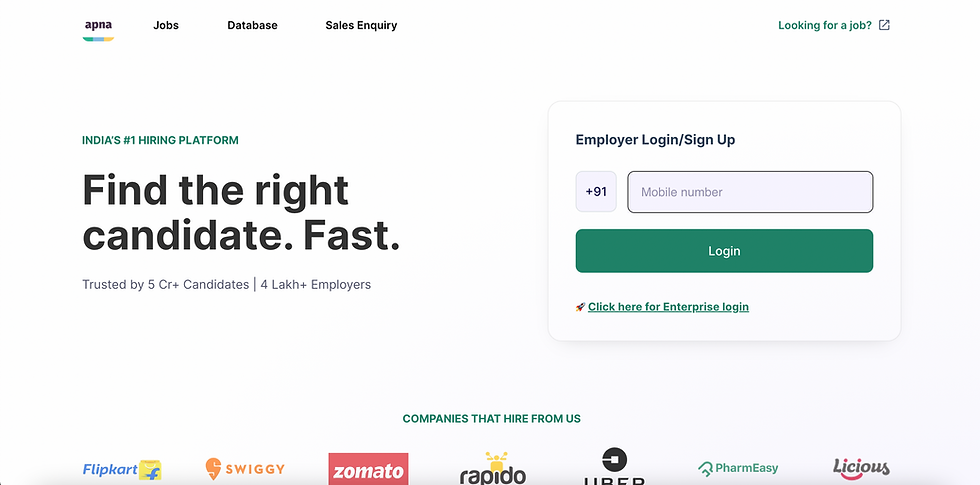 Hiring platform screenshot with "Find the right candidate. Fast." text, login form, and logos of companies like Flipkart and Swiggy below.
